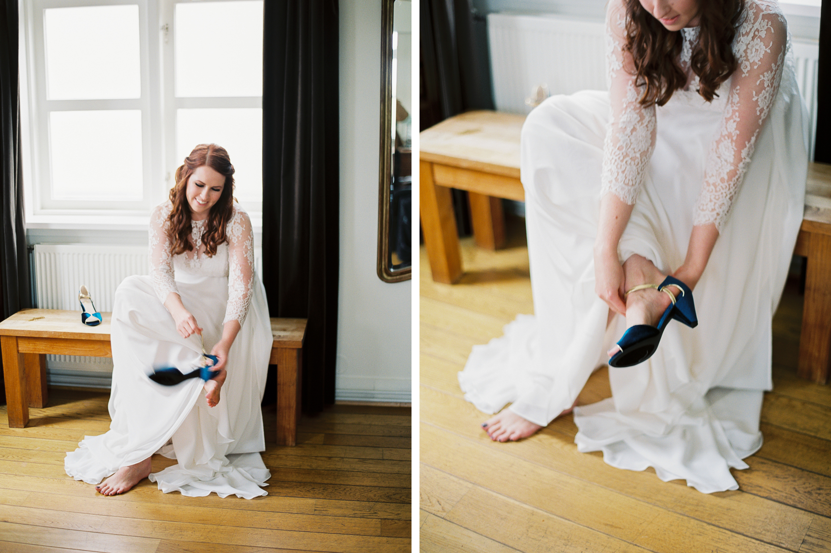 bride putting on blue shoes before Iceland Wedding At Hotel Budir & the Black Church