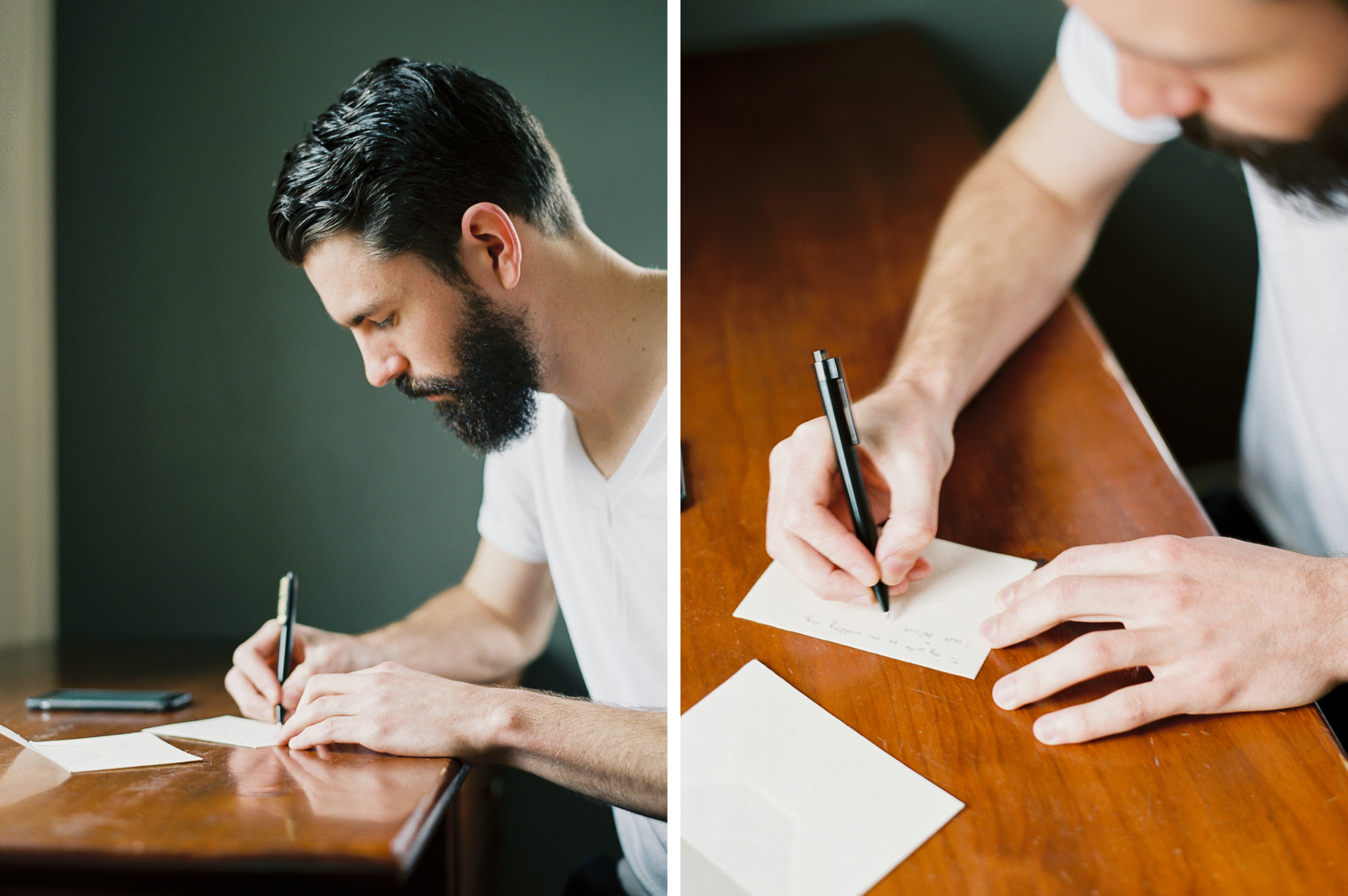 groom writing love note to bride before Iceland wedding