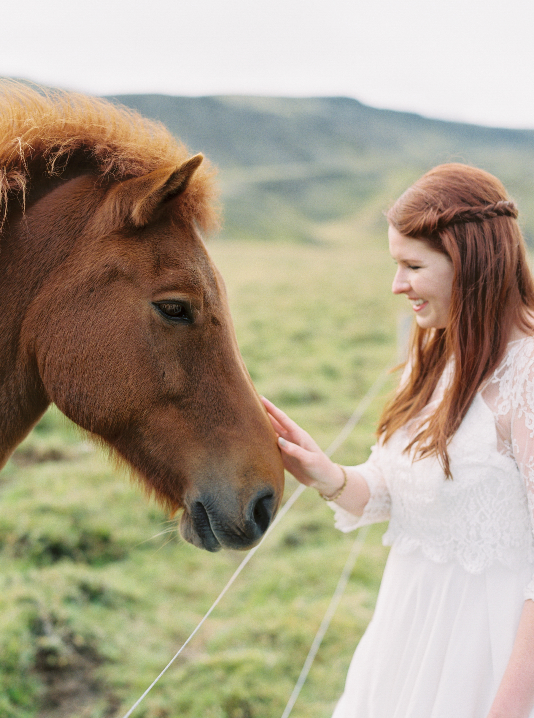 bride petting horse at Iceland Wedding At Hotel Budir & the Black Church