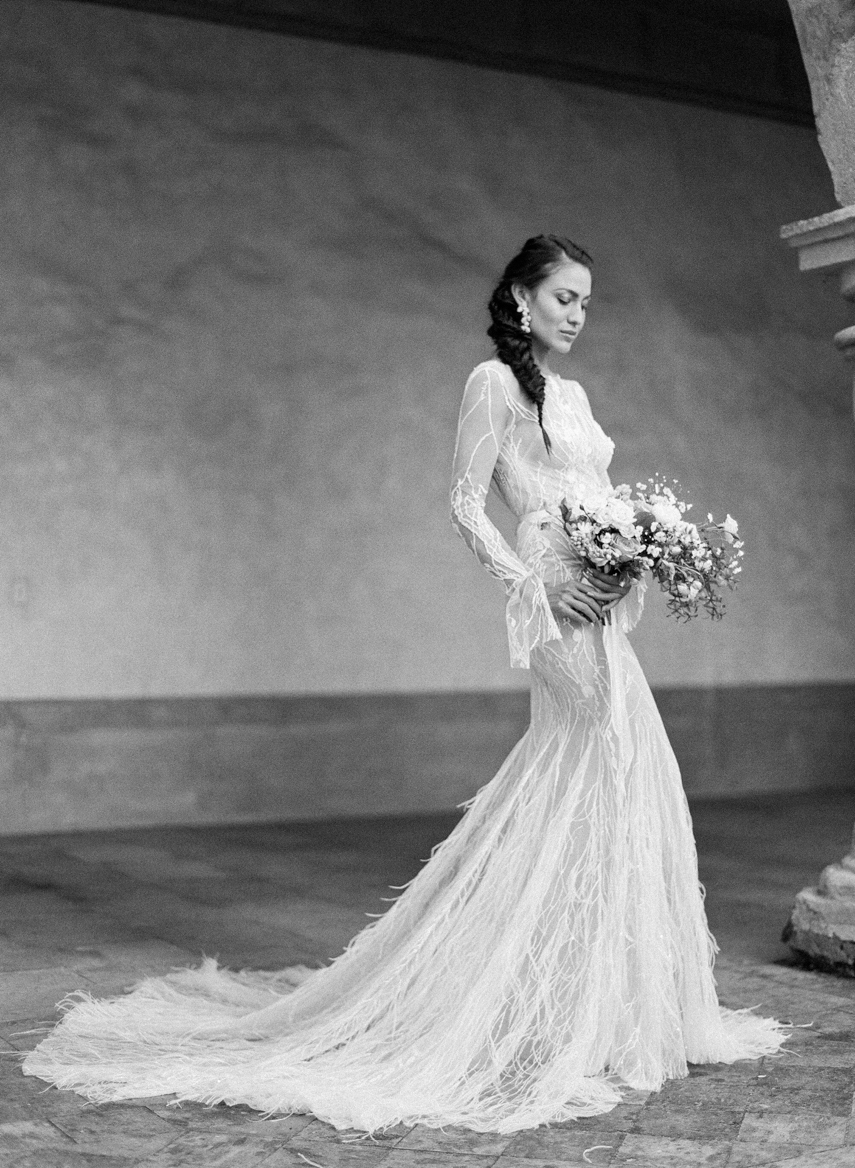 beautiful bride posing in sheer wedding dress Jose Villa's Mexico Photography Workshop