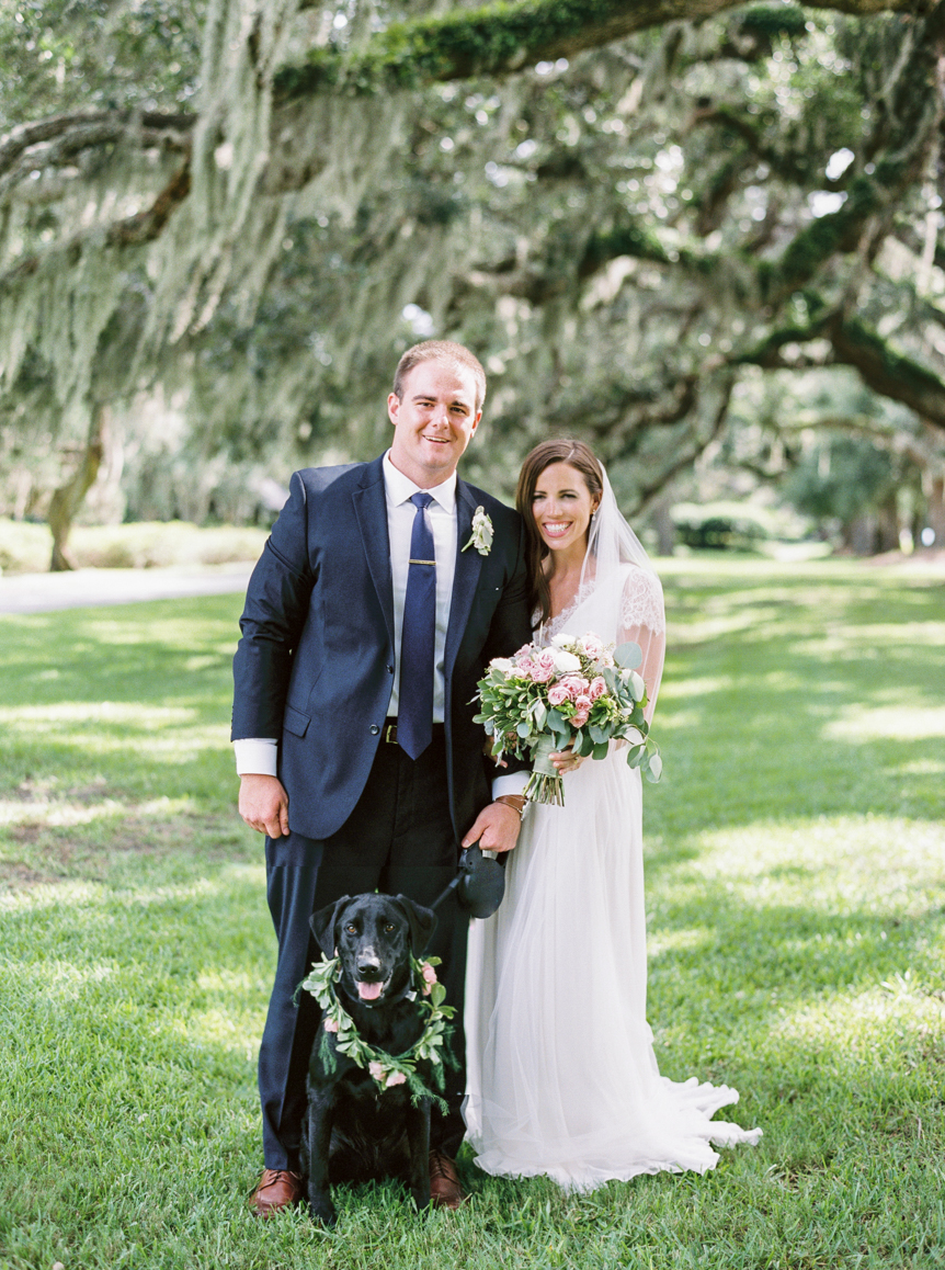 Saint Simon Island Wedding Photography bride and groom with dog