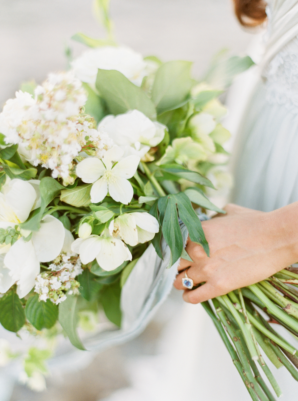 gorgeous white flowers and greenery in beach bridal bouquet Styled Wedding Shoot with Elleson Events