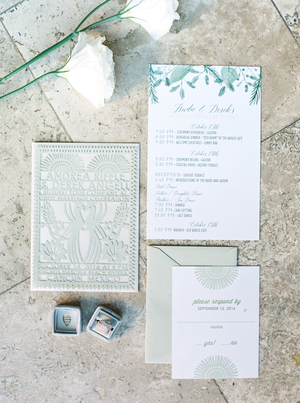 wedding invitation flat lay photographed by Cancun Mexico Wedding Photographer Kati Rosado