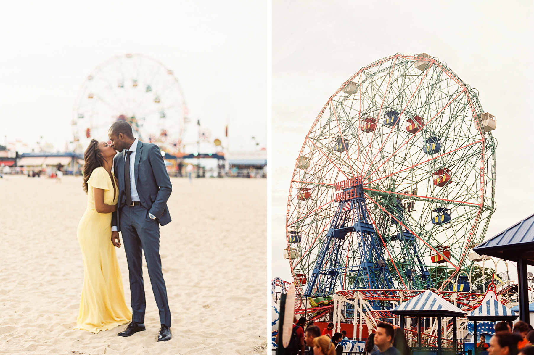 engaged couple kissing on beach at Coney Island NYC engagement session