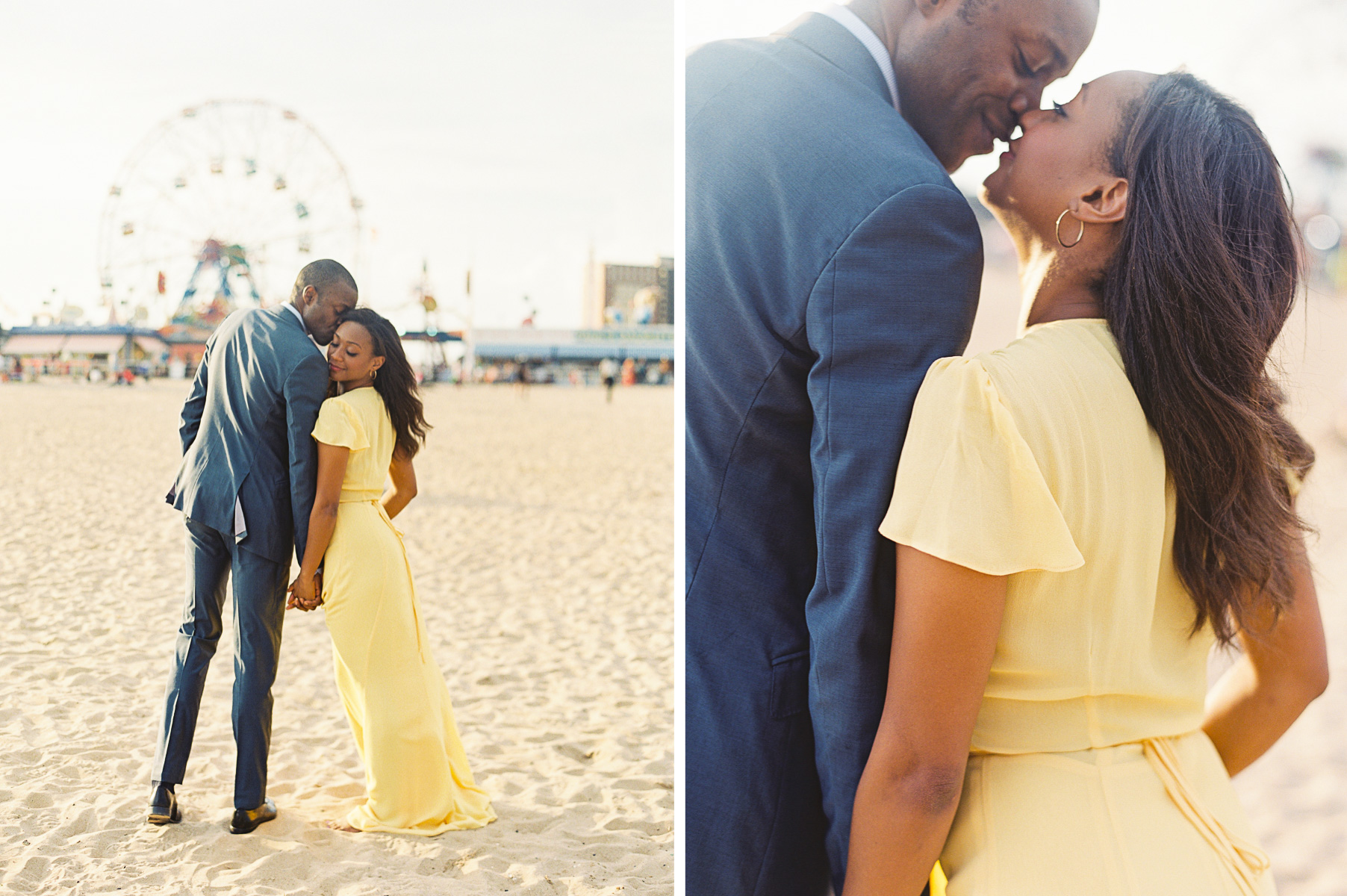 engaged couple on beach with Coney Island ferris wheel backdrop during NYC engagement session