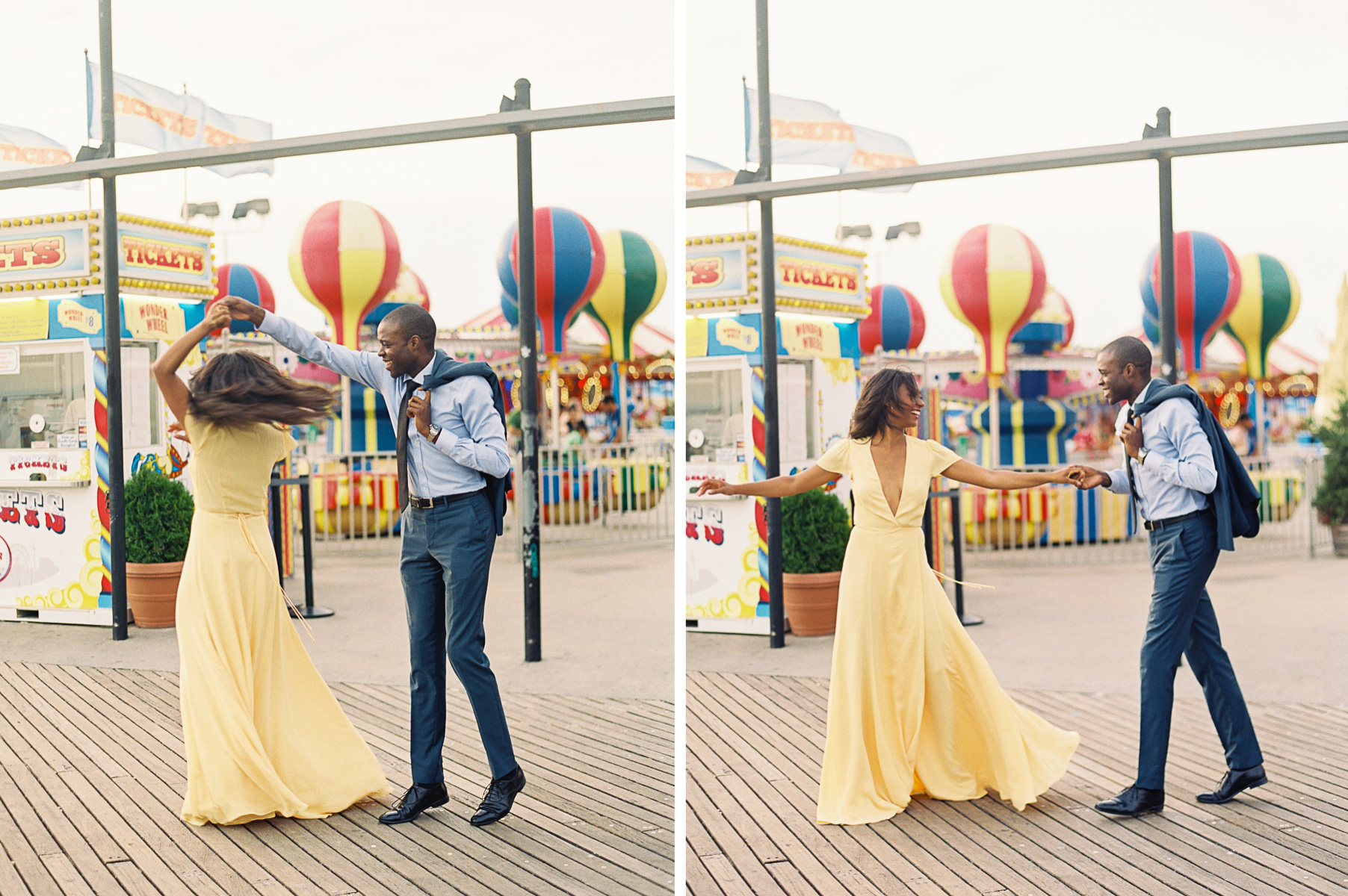 Engaged couple dancing at Coney Island NYC engagement session